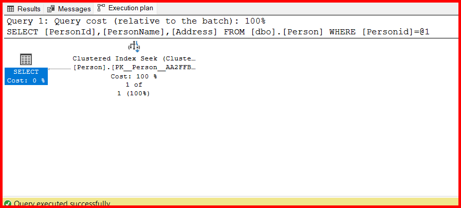 Picture showing the execution plan of the select query with clustered index seek